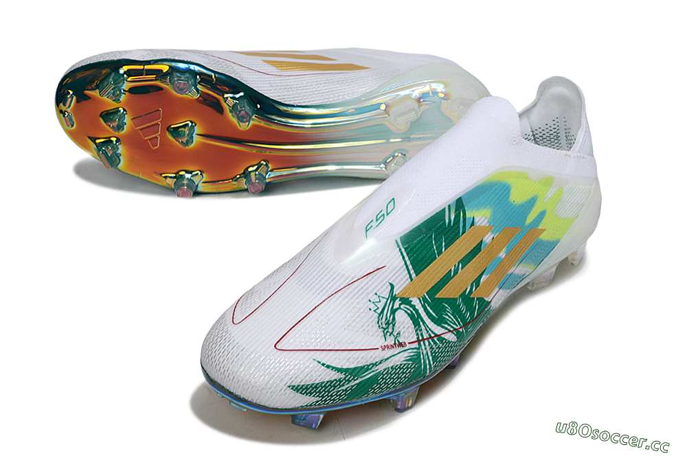 Unisex Adidas F50 Elite Laceless FG Firm Ground Low-Tops Football Boots - White/Green/Gold 3