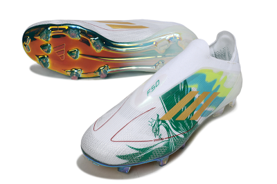 Unisex Adidas F50 Elite Laceless FG Firm Ground Low-Tops Football Boots - White/Green/Gold