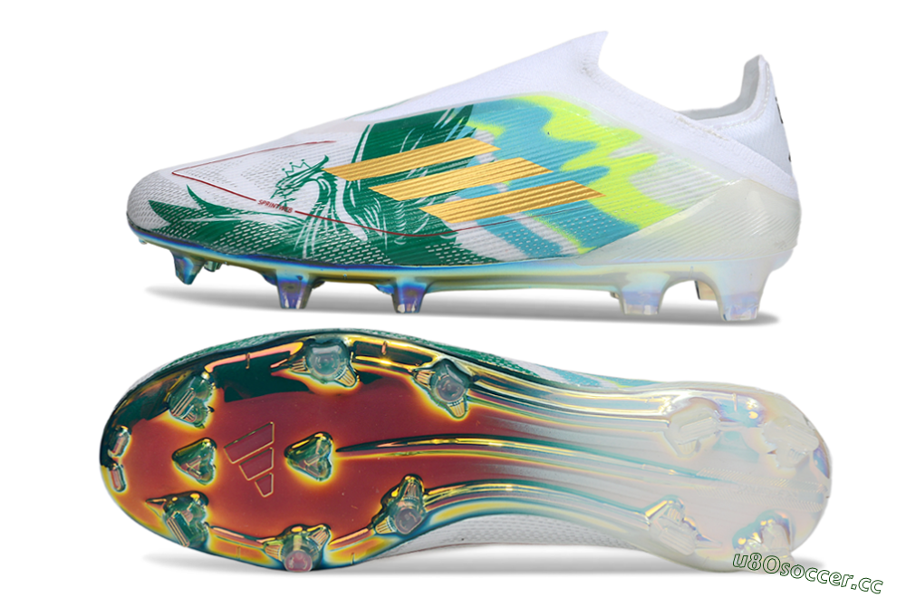 Unisex Adidas F50 Elite Laceless FG Firm Ground Low-Tops Football Boots - White/Green/Gold 1