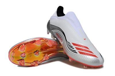 Men's Messi x Adidas F50 Pro Laceless FG Firm Ground Low-Tops Football Boots - Silver/White/Red