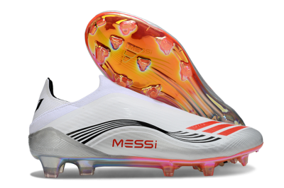 Men's Messi x Adidas F50 Pro Laceless FG Firm Ground Low-Tops Football Boots - Silver/White/Red