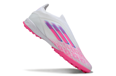 Unisex Adidas F50 Elite Laceless TF Artificial Turf Low-Tops Football Shoes - White/Neon Pink/Sky Blue