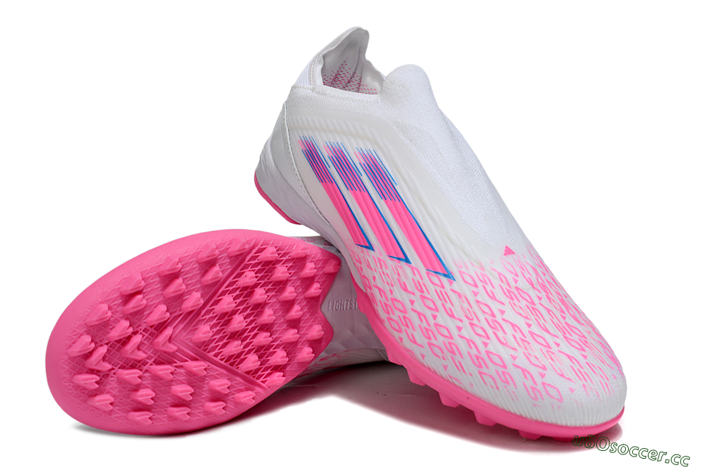 Unisex Adidas F50 Elite Laceless TF Artificial Turf Low-Tops Football Shoes - White/Neon Pink/Sky Blue 4