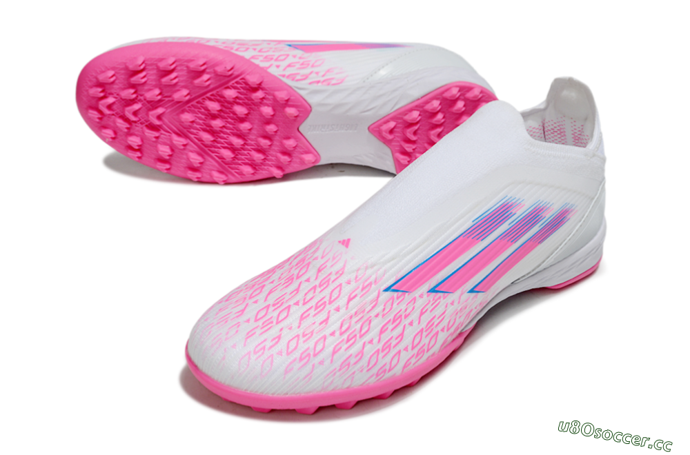 Unisex Adidas F50 Elite Laceless TF Artificial Turf Low-Tops Football Shoes - White/Neon Pink/Sky Blue 3