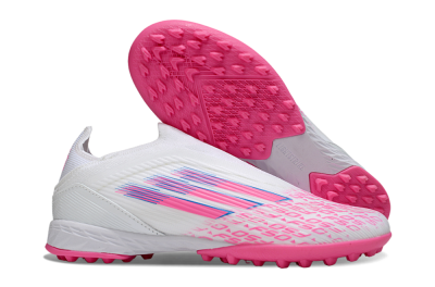 Unisex Adidas F50 Elite Laceless TF Artificial Turf Low-Tops Football Shoes - White/Neon Pink/Sky Blue