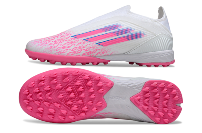 Unisex Adidas F50 Elite Laceless TF Artificial Turf Low-Tops Football Shoes - White/Neon Pink/Sky Blue