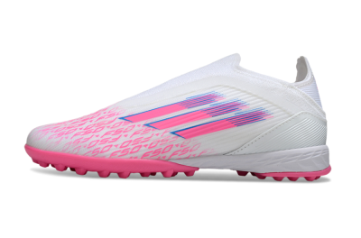 Unisex Adidas F50 Elite Laceless TF Artificial Turf Low-Tops Football Shoes - White/Neon Pink/Sky Blue