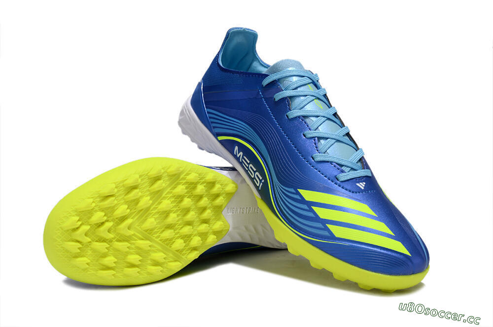 Men's Messi x Adidas F50 Pro TF Artificial Turf Low-Tops Football Shoes - Blue/Electric Blue/Lime Green 3
