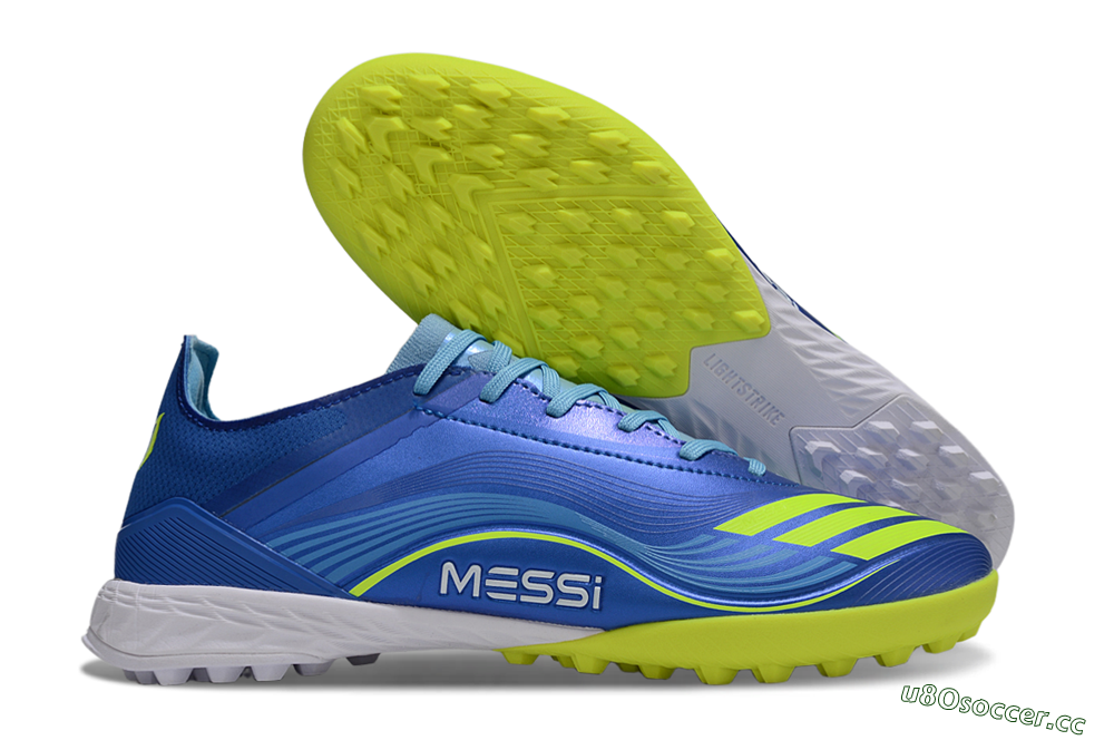 Men's Messi x Adidas F50 Pro TF Artificial Turf Low-Tops Football Shoes - Blue/Electric Blue/Lime Green 2