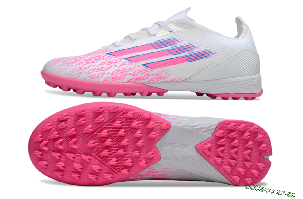 Men's Adidas F50 Elite TF Artificial Turf Low-Tops Football Shoes - White/Bright Pink/Light Blue 1