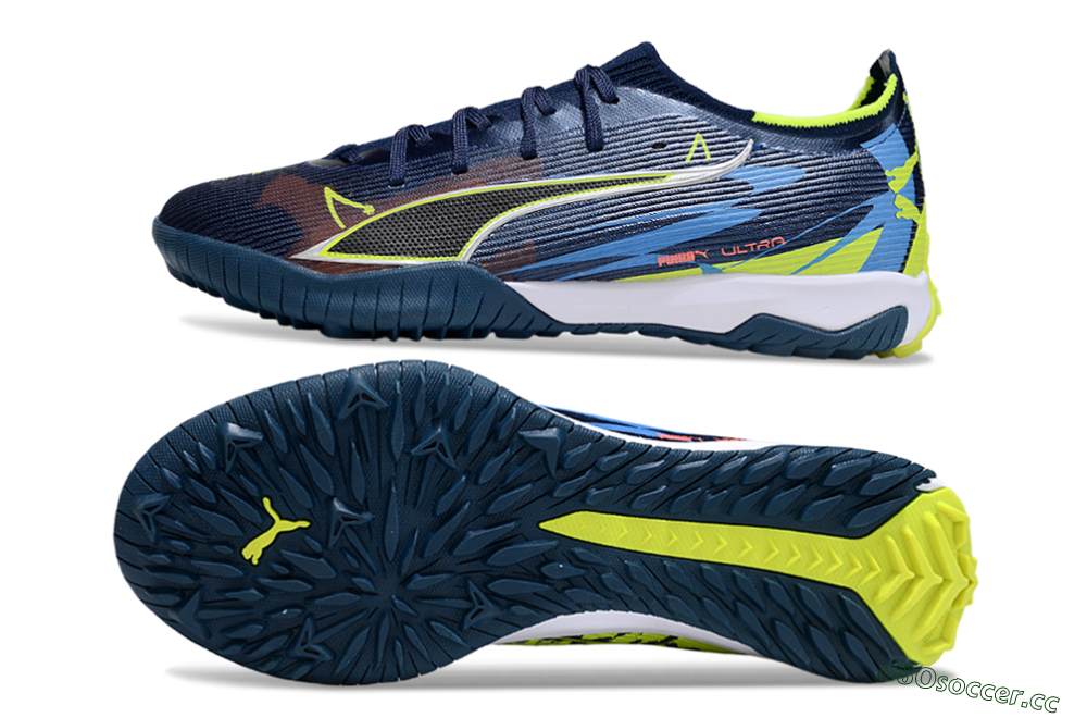 Men's Puma Ultra Ultimate TF Artificial Turf Low-Tops Football Shoes - Blue/Neon Green/Orange 1
