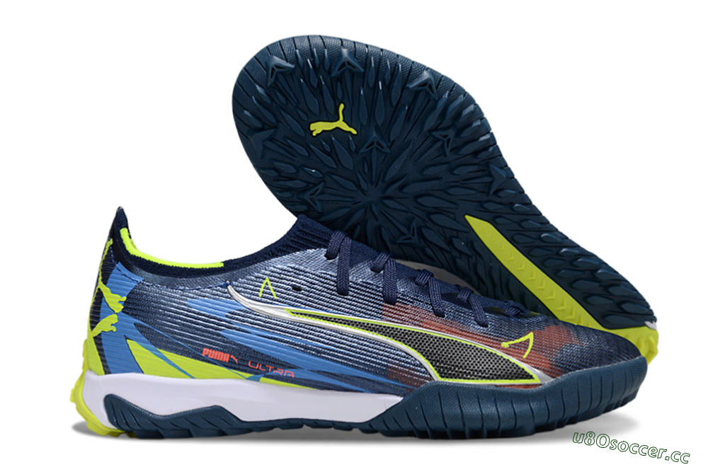 Men's Puma Ultra Ultimate TF Artificial Turf Low-Tops Football Shoes - Blue/Neon Green/Orange 2