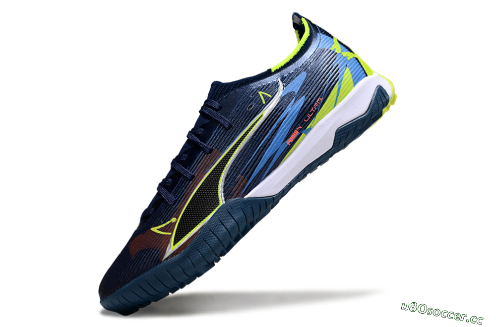 Men's Puma Ultra Ultimate TF Artificial Turf Low-Tops Football Shoes - Blue/Neon Green/Orange 5