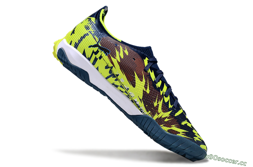 Men's Puma Ultra Ultimate TF Artificial Turf Low-Tops Football Shoes - Blue/Neon Green/Orange 4