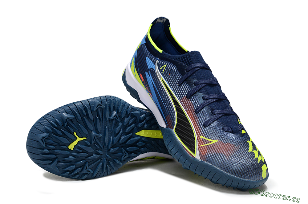 Men's Puma Ultra Ultimate TF Artificial Turf Low-Tops Football Shoes - Blue/Neon Green/Orange 3