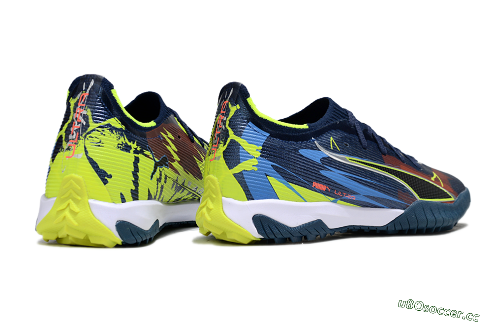 Men's Puma Ultra Ultimate TF Artificial Turf Low-Tops Football Shoes - Blue/Neon Green/Orange 6