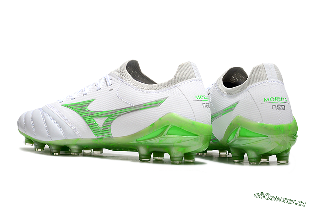 Men's Mizuno Morelia Neo 4 FG Firm Ground Low-Tops Football Boots - White/Lime Green/Neon Green 4