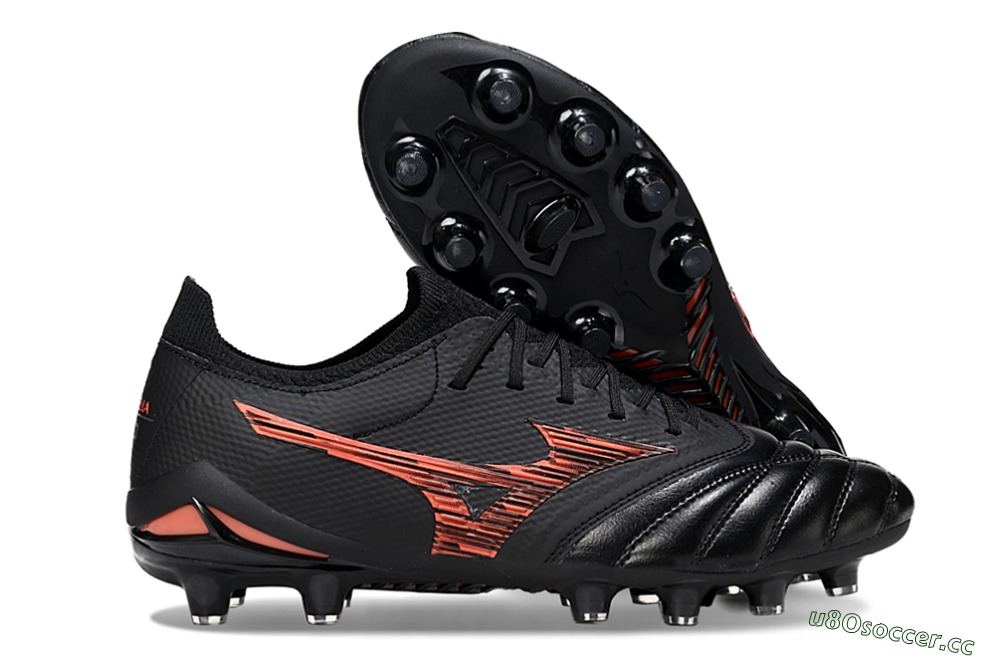Men's Mizuno Morelia Neo 4 FG Firm Ground Low-Tops Football Boots - Black/Fiery Red/Graphite Black 2