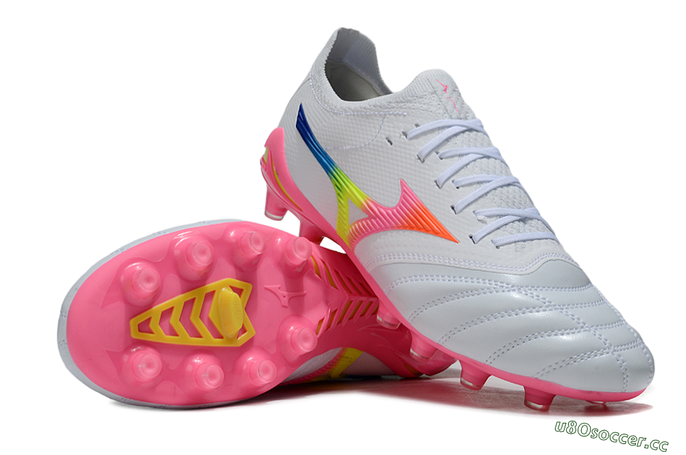 Men's Mizuno Morelia Neo 4 FG Firm Ground Low-Tops Football Boots - White/Vibrant Pink/Neon Yellow 1