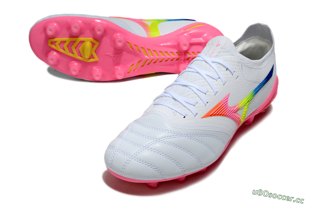 Men's Mizuno Morelia Neo 4 FG Firm Ground Low-Tops Football Boots - White/Vibrant Pink/Neon Yellow 3