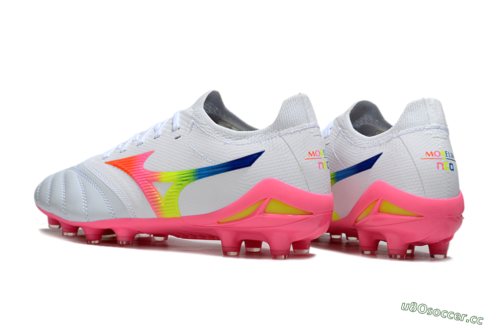 Men's Mizuno Morelia Neo 4 FG Firm Ground Low-Tops Football Boots - White/Vibrant Pink/Neon Yellow 4