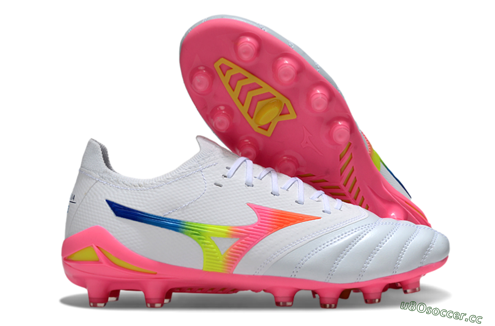 Men's Mizuno Morelia Neo 4 FG Firm Ground Low-Tops Football Boots - White/Vibrant Pink/Neon Yellow 2