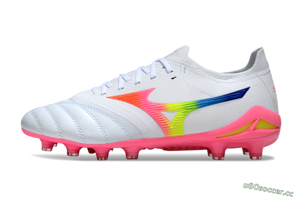 Men's Mizuno Morelia Neo 4 FG Firm Ground Low-Tops Football Boots - White/Vibrant Pink/Neon Yellow 0