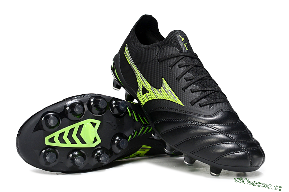 Men's Mizuno Morelia Neo 4 FG Firm Ground Low-Tops Football Boots - Black/Vibrant Green/Neon Yellow 1