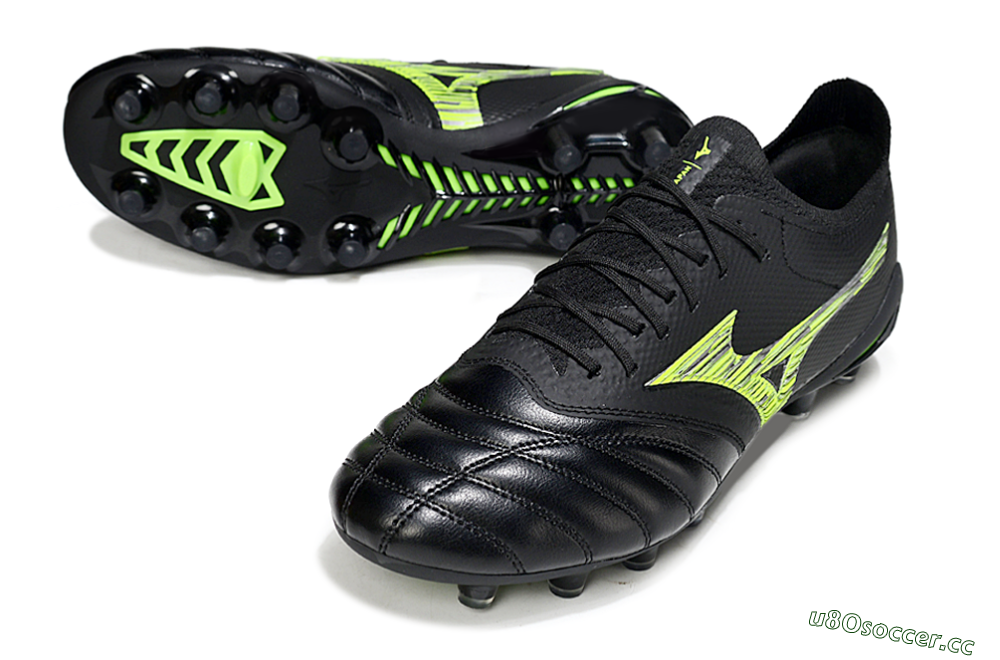 Men's Mizuno Morelia Neo 4 FG Firm Ground Low-Tops Football Boots - Black/Vibrant Green/Neon Yellow 3