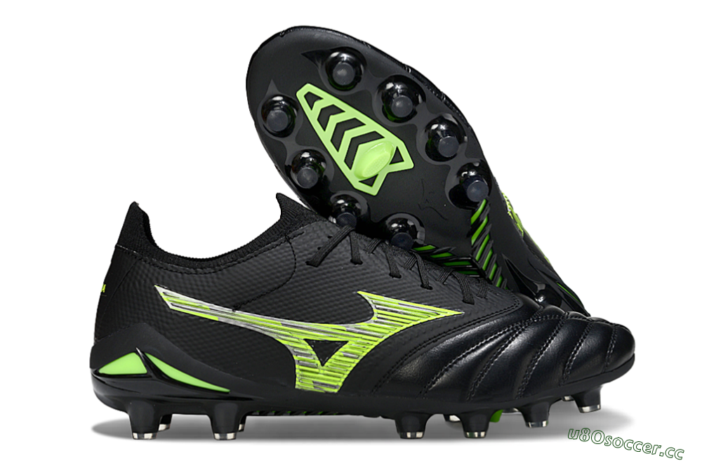 Men's Mizuno Morelia Neo 4 FG Firm Ground Low-Tops Football Boots - Black/Vibrant Green/Neon Yellow 2