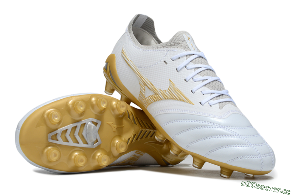 Men's Mizuno Morelia Neo 4 FG Firm Ground Low-Tops Football Boots - White/Golden Accent/Classic White 1