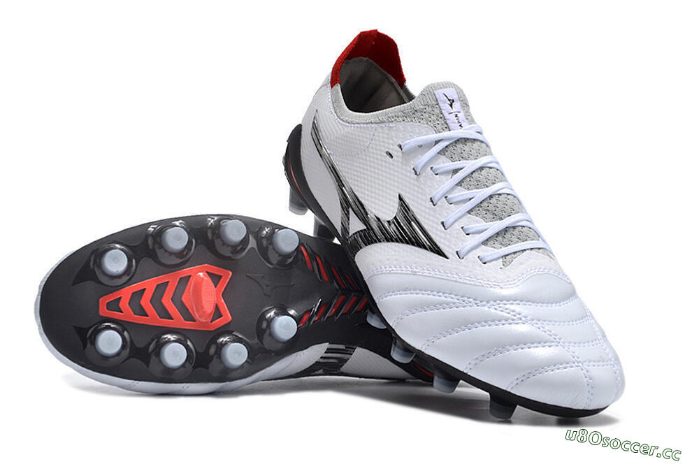 Men's Mizuno Morelia Neo 4 FG Firm Ground Low-Tops Football Boots - White/Scarlet/Silver 1