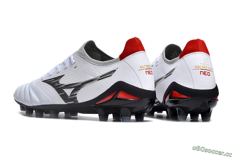 Men's Mizuno Morelia Neo 4 FG Firm Ground Low-Tops Football Boots - White/Scarlet/Silver 4
