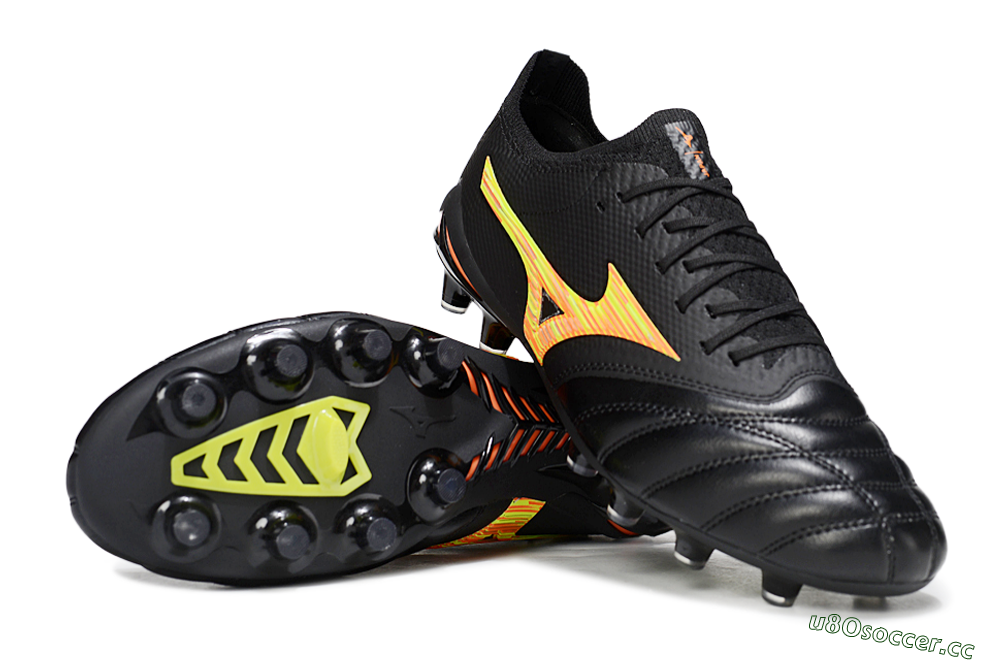 Men's Mizuno Morelia Neo 4 FG Firm Ground Low-Tops Football Boots - Black/Bright Yellow/Fiery Orange 1
