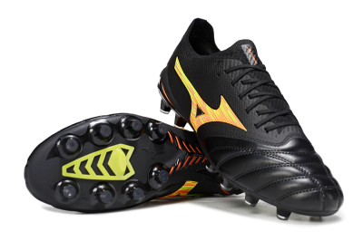 Men's Mizuno Morelia Neo 4 FG Firm Ground Low-Tops Football Boots - Black/Bright Yellow/Fiery Orange
