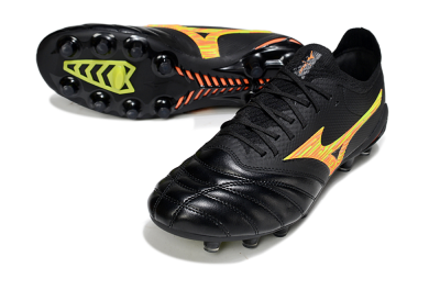Men's Mizuno Morelia Neo 4 FG Firm Ground Low-Tops Football Boots - Black/Bright Yellow/Fiery Orange
