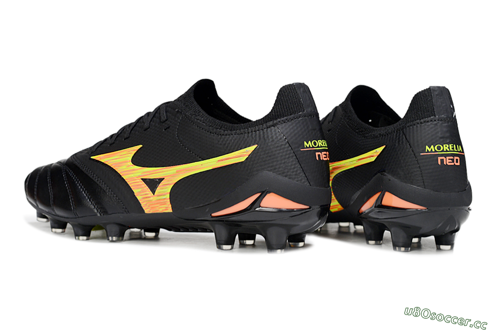 Men's Mizuno Morelia Neo 4 FG Firm Ground Low-Tops Football Boots - Black/Bright Yellow/Fiery Orange 4