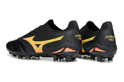 Men's Mizuno Morelia Neo 4 FG Firm Ground Low-Tops Football Boots - Black/Bright Yellow/Fiery Orange