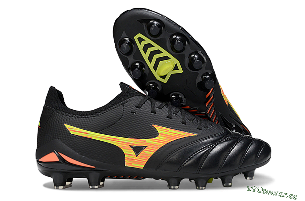 Men's Mizuno Morelia Neo 4 FG Firm Ground Low-Tops Football Boots - Black/Bright Yellow/Fiery Orange 2