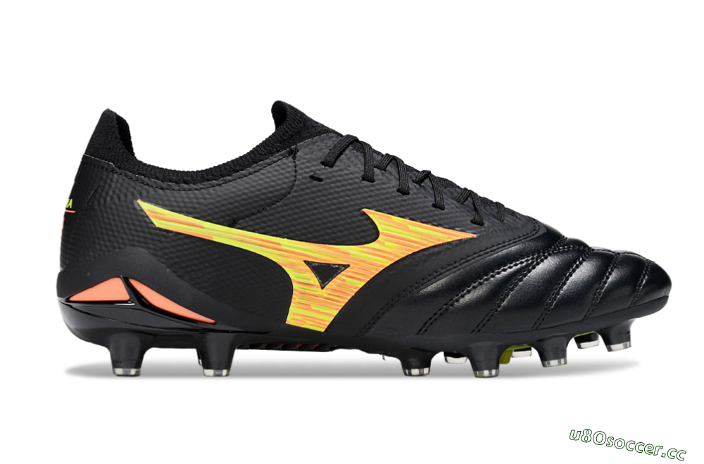 Men's Mizuno Morelia Neo 4 FG Firm Ground Low-Tops Football Boots - Black/Bright Yellow/Fiery Orange 5