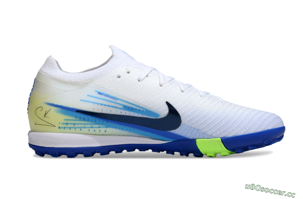 Unisex Nike Air Zoom Mercurial Vapor 16 Elite TF Artificial Turf Low-Tops Football Shoes - White/Electric Blue/Lime Green 7