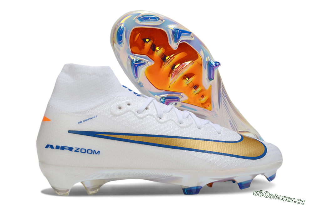Unisex Nike Air Zoom Mercurial Superfly 10 Elite FG Firm Ground High-Tops Football Boots - White/Metallic Gold/Blue 2