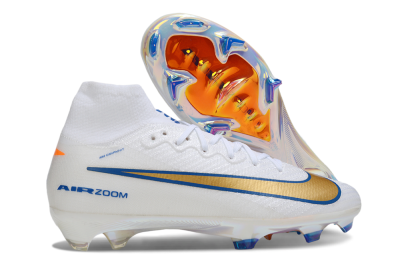 Unisex Nike Air Zoom Mercurial Superfly 10 Elite FG Firm Ground High-Tops Football Boots - White/Metallic Gold/Blue