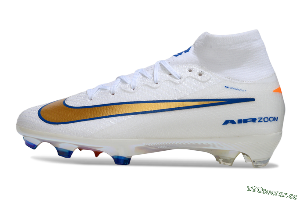 Unisex Nike Air Zoom Mercurial Superfly 10 Elite FG Firm Ground High-Tops Football Boots - White/Metallic Gold/Blue 0