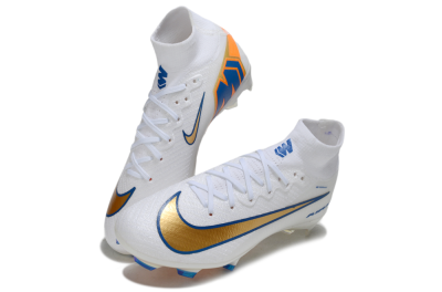 Unisex Nike Air Zoom Mercurial Superfly 10 Elite FG Firm Ground High-Tops Football Boots - White/Metallic Gold/Blue