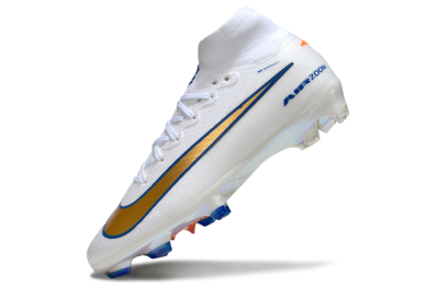 Unisex Nike Air Zoom Mercurial Superfly 10 Elite FG Firm Ground High-Tops Football Boots - White/Metallic Gold/Blue