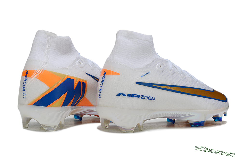 Unisex Nike Air Zoom Mercurial Superfly 10 Elite FG Firm Ground High-Tops Football Boots - White/Metallic Gold/Blue 6