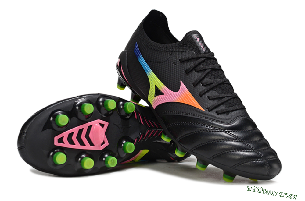 Men's Mizuno Morelia Neo 4 FG Firm Ground Low-Tops Football Boots - Black/Neon Green/Hot Pink 1