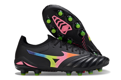 Men's Mizuno Morelia Neo 4 FG Firm Ground Low-Tops Football Boots - Black/Neon Green/Hot Pink