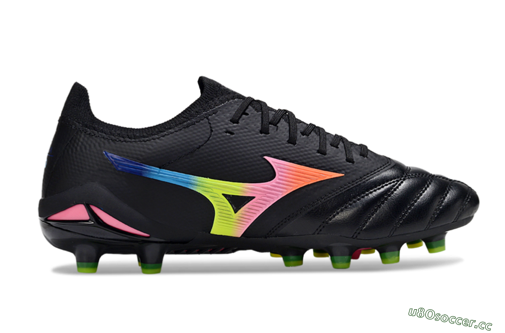 Men's Mizuno Morelia Neo 4 FG Firm Ground Low-Tops Football Boots - Black/Neon Green/Hot Pink 5